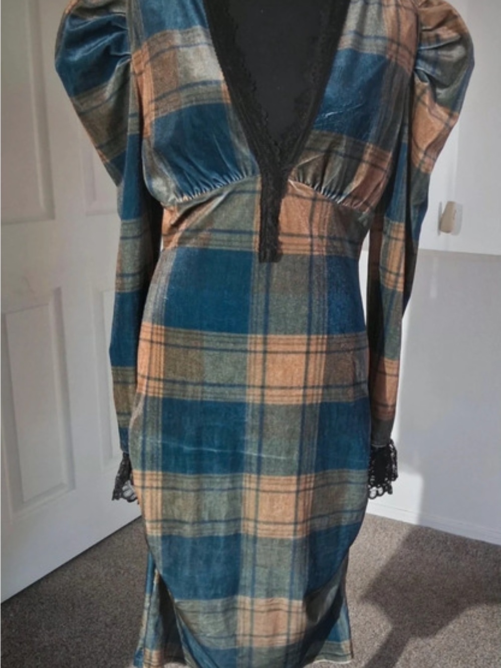 Plaid Velvet V-Neck Long Sleeve Dress in Teal and Tan